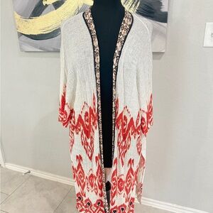 Chico's Red and White Patterned Kimono with Leopard Trim